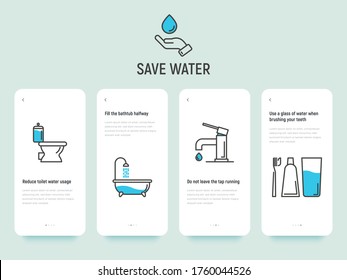 Save water concept: reduce toilet water, fill bathtub halfway, do not leave running tap and brushing teeth economy usage. Thin line vector illustration, template with copy space.