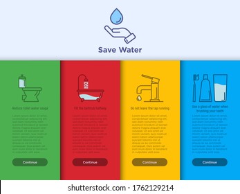 Save water concept: reduce toilet water, fill bathtub halfway, do not leave running tap and brushing teeth economy usage. Thin line vector illustration, template with copy space.