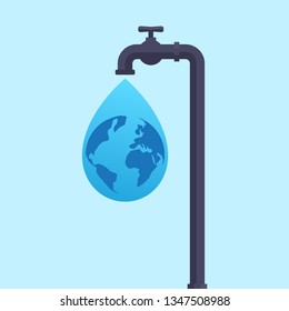 Save water concept, tap, water drop, world map, flat design vector illustration