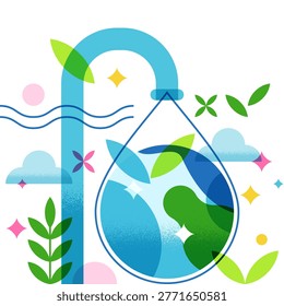 Save water concept vector illustration. Water tap dripping large drop with Earth globe inside. Abstract geometric design for ecology and nature