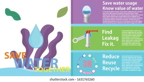 Save water concept. Ways to help save water 3 options. infographic template for presentation.