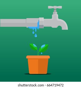 Save water concept.Pipe leaking and water drop on leaf.