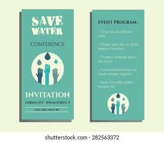 Save water conference flyer invitation template with drops and hands logo template. Isolated on bright blue background. Vector illustration
