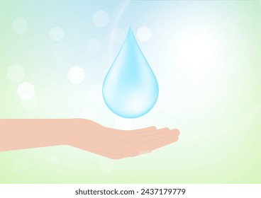 Ahorre agua o concepto de conservación del agua. Mano sosteniendo gota de agua. Día Mundial del Agua y Día del Medio Ambiente. Ilustración vectorial.