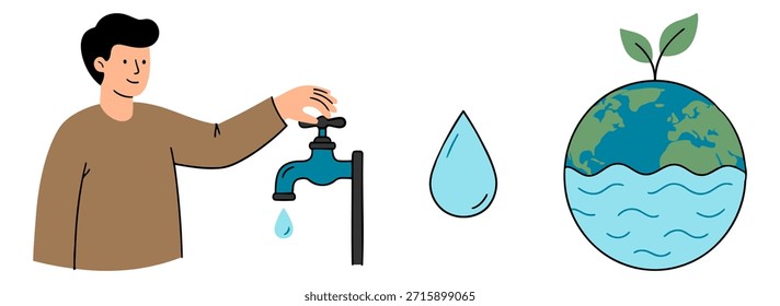 Guardar Ilustración vectorial Concepto de conservación del agua con el humano que cierra el grifo, el símbolo de la gota de agua y el globo terráqueo que muestra la conciencia ambiental sostenible