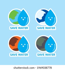 Save water. Cute drop character and earth.