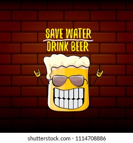 Save water drink beer vector concept illustration. vector funky beer character with funny slogan for print on tee or poster. International beer day label