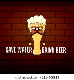 Save water drink beer vector concept illustration. vector funky beer character with funny slogan for print on tee or poster. International beer day label