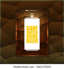 Save water drink beer vector poster design template with beer bottle silhouette on golden crystal background. Craft beer logo or label for brewery 
