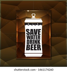 Save water drink beer vector poster design template with beer bottle silhouette on golden crystal background. Craft beer logo or label for brewery 