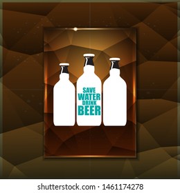 Save water drink beer vector poster design template with beer bottle silhouette on golden crystal background. Craft beer logo or label for brewery 