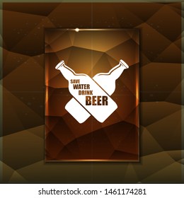 Save water drink beer vector poster design template with beer bottle silhouette on golden crystal background. Craft beer logo or label for brewery 