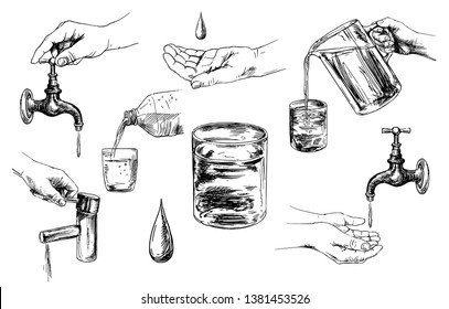 Save water, drink water, set of hand drawn illustration.