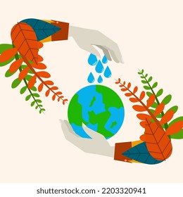 Wasser sparen und das Erdkonzept retten. Hintergrundgrußkarte oder Poster für die Kampagne