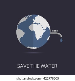 Guardar · el agua. Concepto ecológico. Abstractas mapa del mundo con grifo de agua