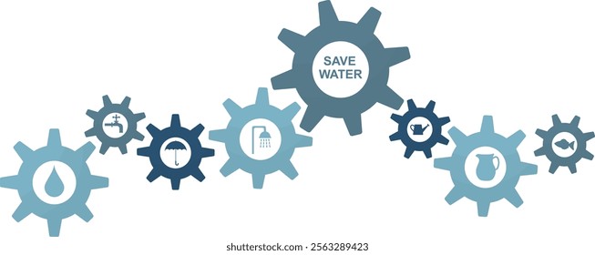 Save Water: Eco-Friendly Gear in Motion. gear-shaped infographic illustrates various water-saving practices, promoting a sustainable lifestyle. Water conservation illustration. World water day vector 