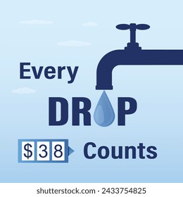 Save water, every drop counts. Pipe with water tap and giant drop. Counter for payment. Eco motivational banner. Protection of environment and natural resources. Trendy vector illustration