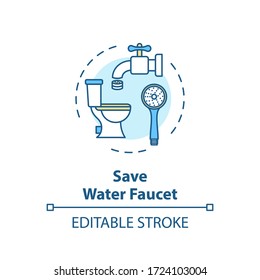 Save water faucet concept icon. Household plumbing. Preserve resources. Efficient supply consumption idea thin line illustration. Vector isolated outline RGB color drawing. Editable stroke