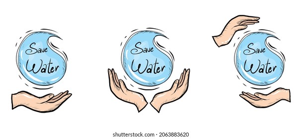 Guardar la mano de agua dibujada con ilusión. Manos Manteniendo una gota de agua en diferentes formas. Todo aislado sobre fondo blanco. 