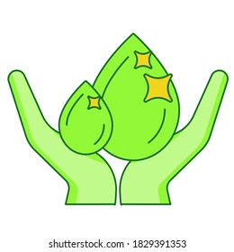 Save the water hand hold drop water pure shiny white isolated background with green theme flat outline style