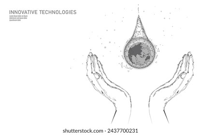  Save water hand low poly concept. Polygonal triangle ecology planet ocean sea safety banner. Water drop leak fix nature global environment care world day vector illustration