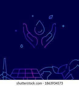 Save water hands gradient line vector icon, simple illustration on a dark blue background, eco activism related bottom border.