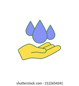 Speichern Sie das Wassersymbol. Wasser zwischen Hand und Symbol auf Farbsymbol einzeln auf weißem Hintergrund 