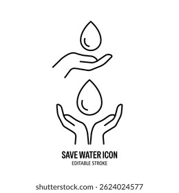 Save water icon. With black line and white background. Vector illustration design. Editable stroke
