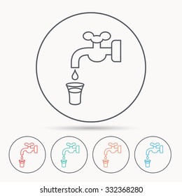 Save water icon. Crane or Faucet with drop sign. Linear circle icons.
