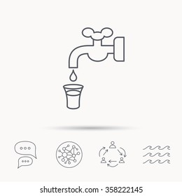 Save water icon. Crane or Faucet with drop sign. Global connect network, ocean wave and chat dialog icons. Teamwork symbol.