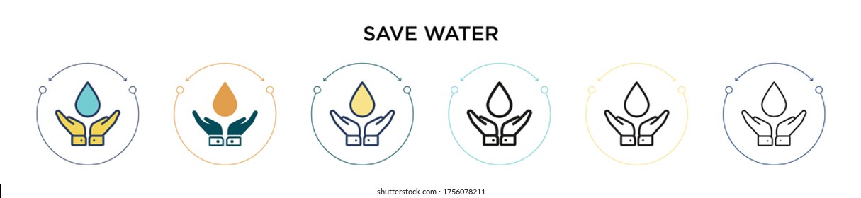 Save water icon in filled, thin line, outline and stroke style. Vector illustration of two colored and black save water vector icons designs can be used for mobile, ui, web