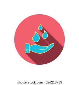 Save water icon. Hand with water drops sign. Ecology environment symbol. Red flat circle button. Linear icon with shadow. Vector