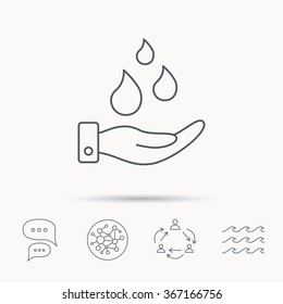 Save water icon. Hand with water drops sign. Ecology environment symbol. Global connect network, ocean wave and chat dialog icons. Teamwork symbol.