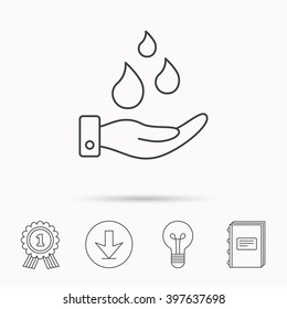 Save water icon. Hand with water drops sign. Ecology environment symbol. Download arrow, lamp, learn book and award medal icons.