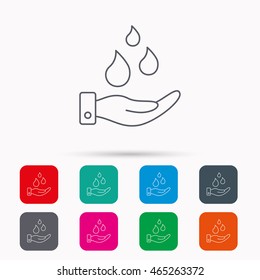 Save water icon. Hand with water drops sign. Ecology environment symbol. Linear icons in squares on white background. Flat web symbols. Vector