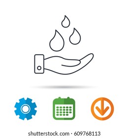 Save water icon. Hand with water drops sign. Ecology environment symbol. Calendar, cogwheel and download arrow signs. Colored flat web icons. Vector