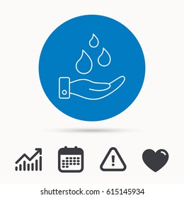 Save water icon. Hand with water drops sign. Ecology environment symbol. Calendar, attention sign and growth chart. Button with web icon. Vector