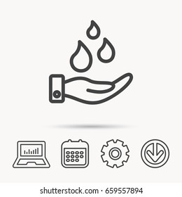 Save water icon. Hand with water drops sign. Ecology environment symbol. Notebook, Calendar and Cogwheel signs. Download arrow web icon. Vector