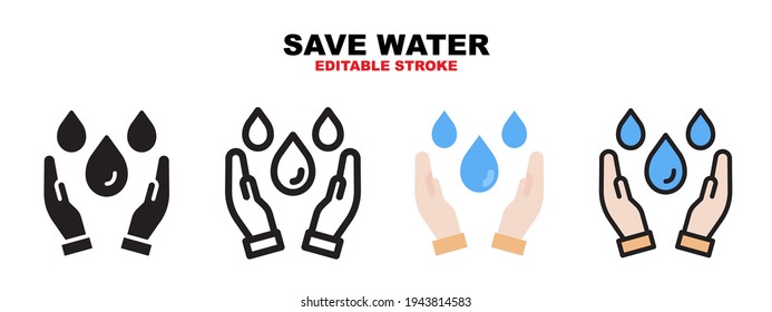 Save Water icon set with different styles. Icons designed in filled, outline, flat, glyph and line colored. Editable stroke and pixel perfect. Can be used for web, mobile, ui and more.