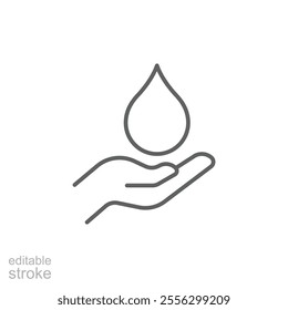 Save water icon. Simple outline style. Hand with water drop, hygiene, clean, energy, care, purity, sea, health, environment concept. Thin line symbol. Vector illustration isolated. Editable stroke.