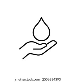 Save water icon. Simple outline style. Hand with water drop, hygiene, clean, energy, care, purity, sea, health, environment concept. Thin line symbol. Vector illustration isolated.