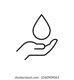 Save water icon. Simple outline style. Hand with water drop, hygiene, clean, energy, care, purity, sea, health, environment concept. Thin line symbol. Vector illustration isolated.