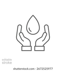 Guardar icono de agua. Estilo de contorno simple. Mano con gota de agua, ducha, naturaleza, medio ambiente, cuidado, purificación, concepto de ecología. Símbolo de línea delgada. Diseño aislado de Vector. Trazo editable