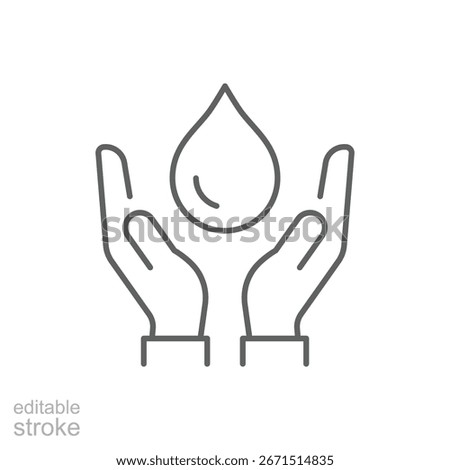 Save water icon. Simple outline style. Hand with water drop, shower, nature, environment, care, purification, ecology concept. Thin line symbol. Vector isolated design. Editable stroke