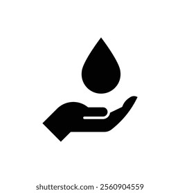 Save water icon. Simple solid style. Hand with water drop, hygiene, clean, energy, care, purity, sea, health, environment concept. Black silhouette, glyph symbol. Vector illustration isolated.