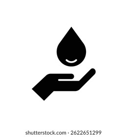 Save water icon. Simple solid style. Hand with water drop, hygiene, clean, energy, care, purity, sea, health, environment concept. Black silhouette, glyph symbol. Vector illustration isolated.
