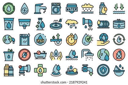 Save water icons set outline vector. Drink drop. Fountain fresh