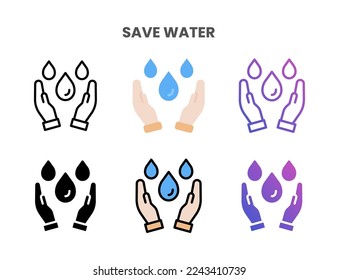 Save Water icons vector illustration set line, flat, glyph, outline color gradient. Great for web, app, presentation and more. Editable stroke and pixel perfect.