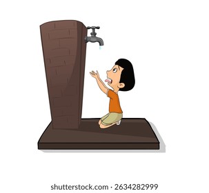 Save Water Illustration Design, Cartoon Boy Looking For Water Illustration, Concept Vector Art