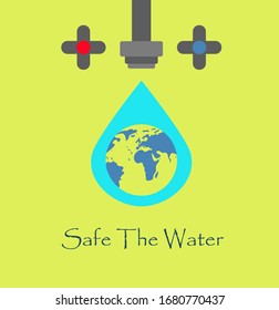 "save the water" image. flat icon of the Earth in water drop flowing out of an abstract water tap